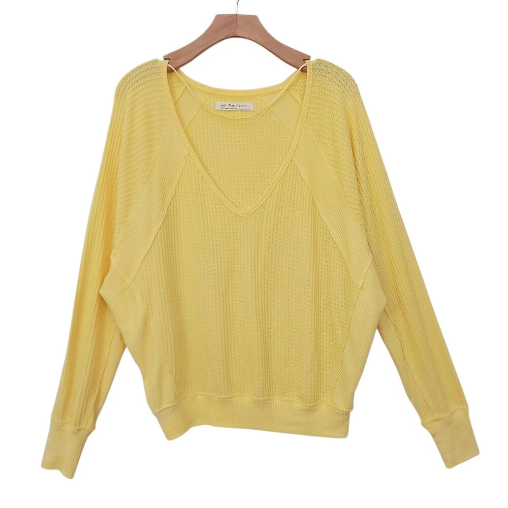 We The Free Waffle Knit Pullover Top Womens XS Yellow Thermal Lounge Slouchy